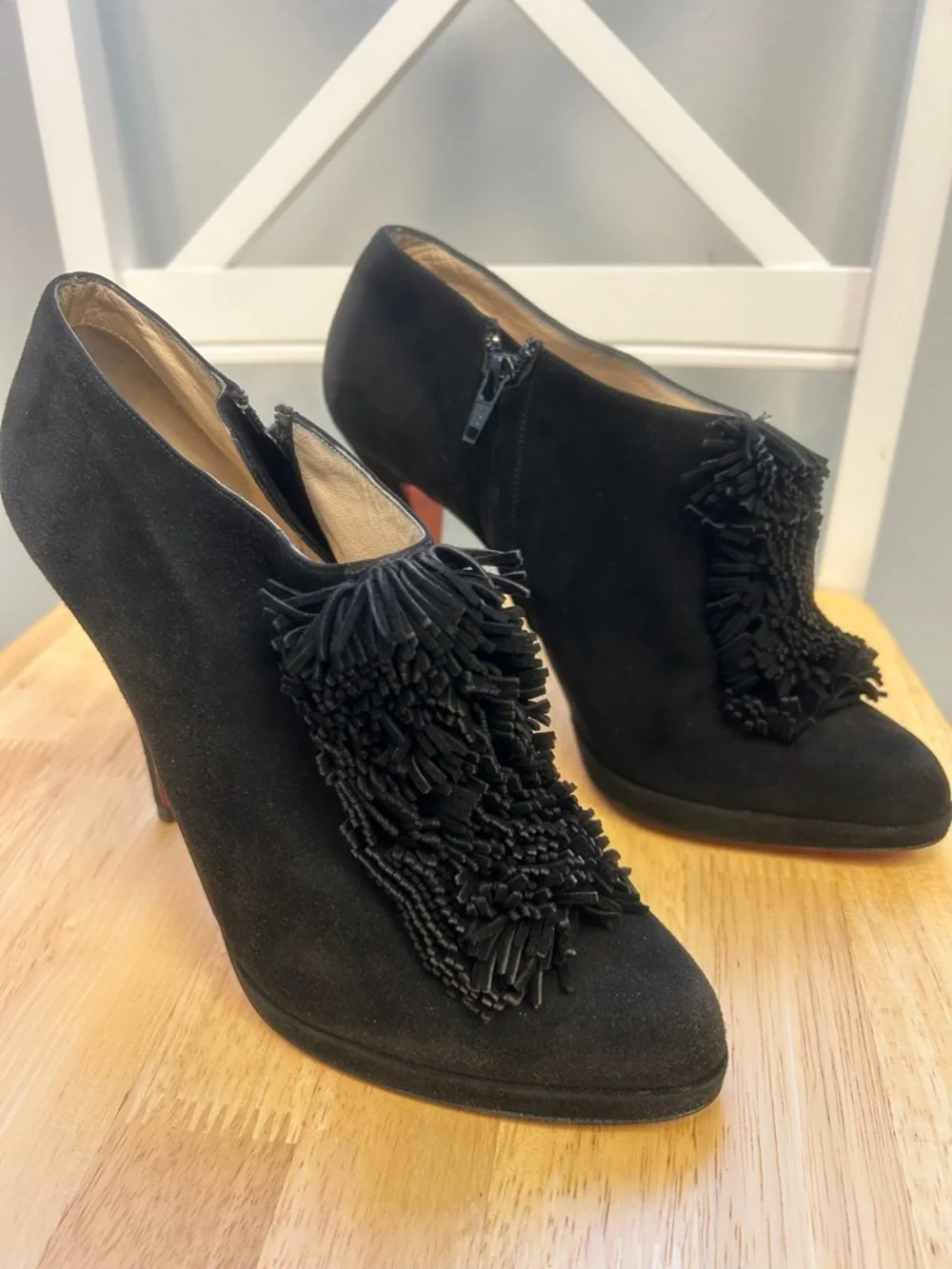 Authentic Christian Louboutin Goya Suede Fringe Black Bootie 10 US w/ Shoe Bags